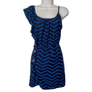 ENVY ME Cobalt Navy Blue Stripe Print One Shoulder Ruffle Mini Dress Small NWT